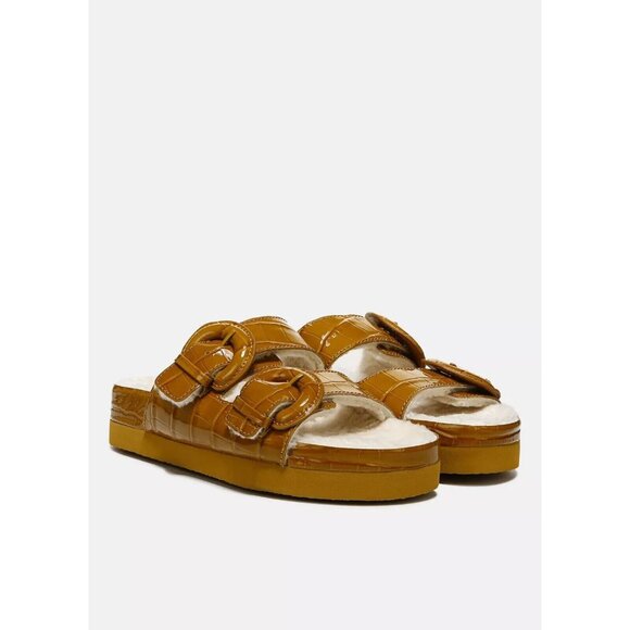 Vince Glyn Sherling Lined Croc Embossed Gold Brown‎ Double Buckle Sandals - Picture 1 of 8